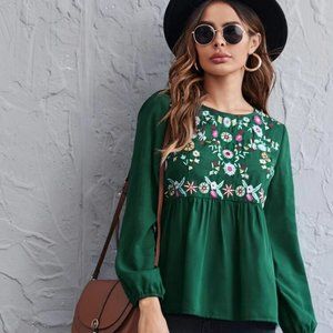 🍀 Emerald Green Floral Embroidered Peplum Blouse